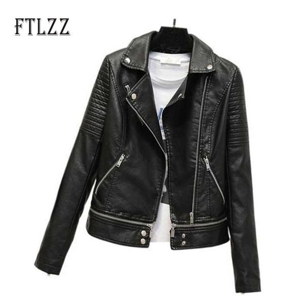 

women streetwear style faux leahter jacket autumn winter slim turndown collar biker coat ladies motorcycle pu outerwear 210525, Black