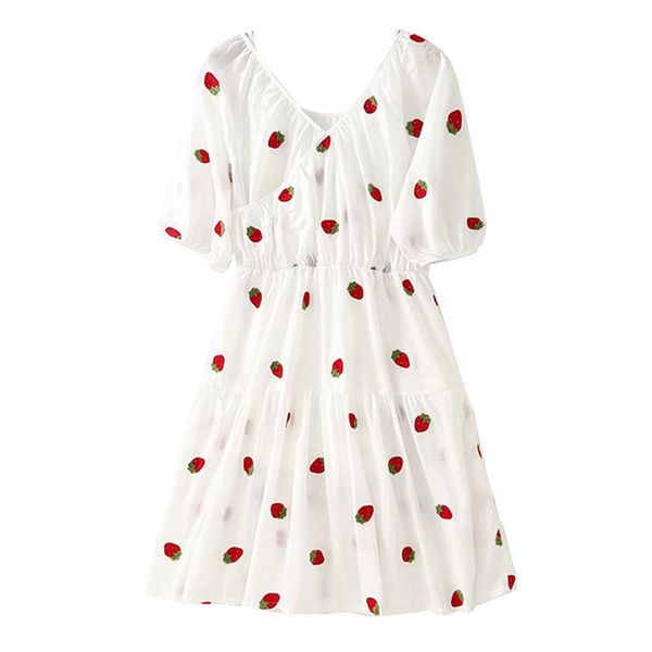 

white strawberry v neck half puff sleeve embroidery two pieces set dress knee length sweet d1114 210514, Black;gray