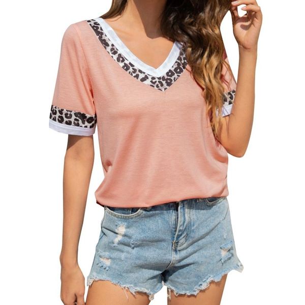 

women's t-shirt ropalia fashion short-sleeved summer casual t-shirts tees leopard print v-neck, White