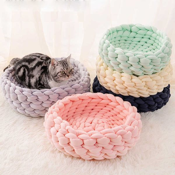 Woven Cat Bed Pet Nest Теплый мягкий корзин ленивый шерсть шерсть хлопчатобумажная питомник собака спальный дом пещерное питание 210713