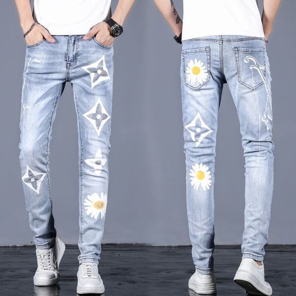 

men's fashion chrysanthemum print jeans light blue slim fit elastic denim casual flower pants dropshipping 210320