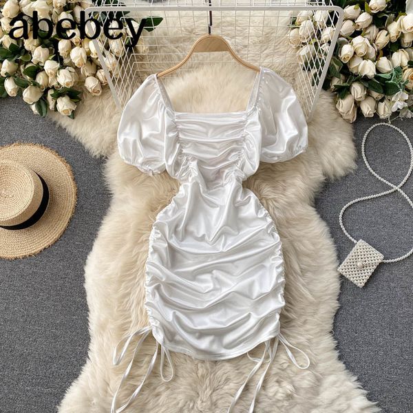 

women solid dress retro square collar puff sleeve ruched slim pencil summer boho beach short 210512, Black;gray