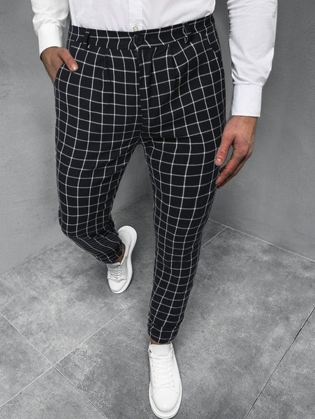 

men plaid slant pocket tapered pants o466#, Black