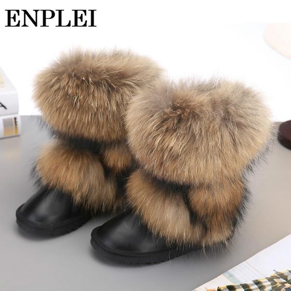 

boots enplei winter women snow genuine leather fur mid-calf warm cowhide female shoes size 34-42, Black