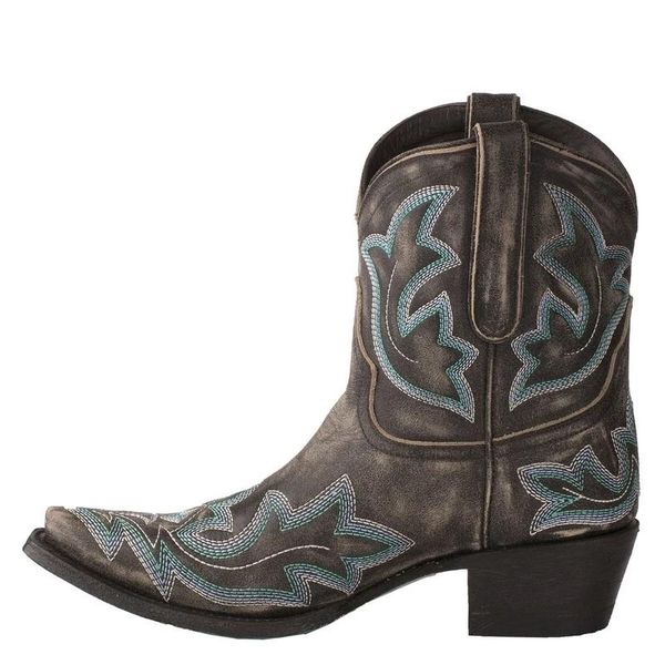 

boots pointed toe shoes embroidery botas mujer faux leather cowgirl ankle for women wedge high heel western nice, Black