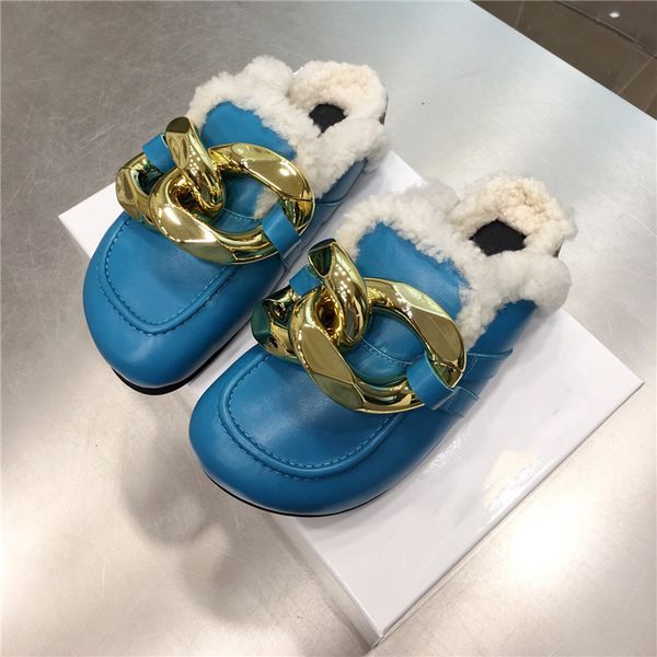 

new designer autumn wool chain mules women square toe gold chain decor fur slippers street dress thick bottom women slides fashion muller, Black