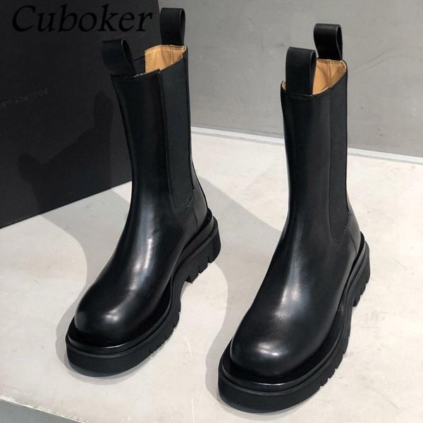 

boots 2021 autumn women genuine leather female mid calf height increasing, Black