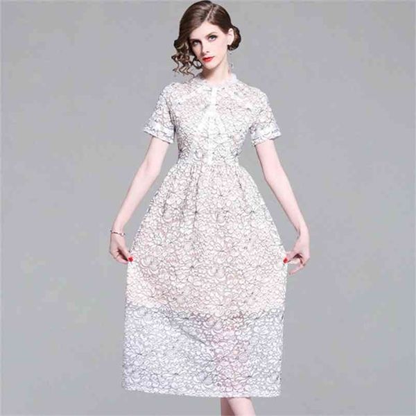

lace see through a-line dress women summer short sleeve high waist holiday dresses vestido de festa 210603, Black;gray