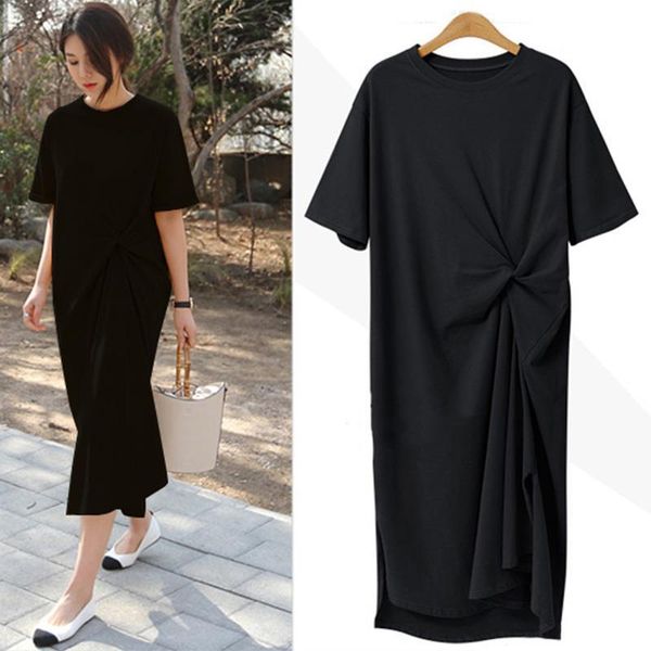 

party dresses plus size summer dress 2021 100% cotton short sleeve o-neck loose yellow long women robe femme casual black t shirt, White;black