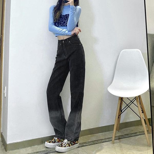 

women's jeans wide-leg denim trousers, high-waist gradient printing heart-shaped patchwork 2021 autumn casual loose fashion, Blue