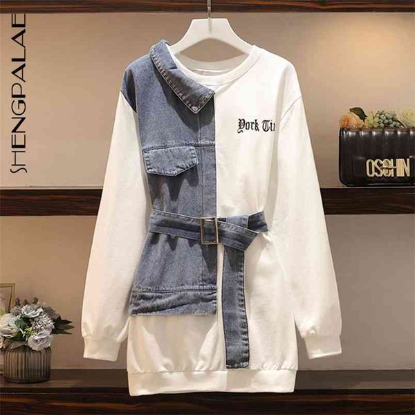 

autumn women's streetwear clothes large size round neck long sleeve denim patchwork fashion dress zt1266 210427, Black;gray