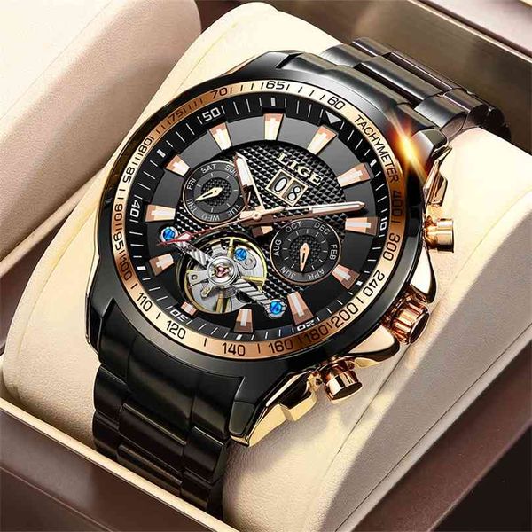 

lige sapphire glass automatic watch men brand luxury full steel sport mechanical fashion 100m waterproof es 210609, Slivery;brown