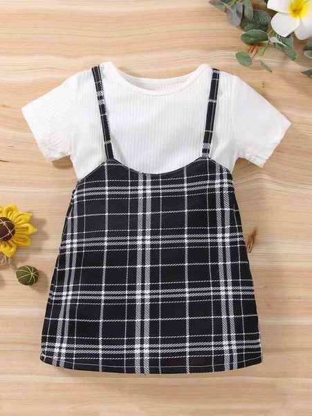 

baby solid bodysuit & plaid print cami dress she, White