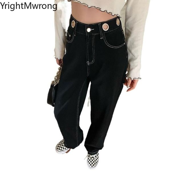 

women's jeans hollow ring patchwork high waist loose straight leg denim pant women fashion boyfriend black blue washed korean slim