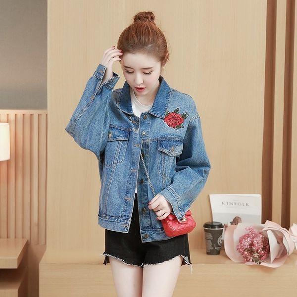 

women's jackets spring stylish personality brand of embroidered women denim single long sleeve jackets breasted fashion releases women&, Black;brown