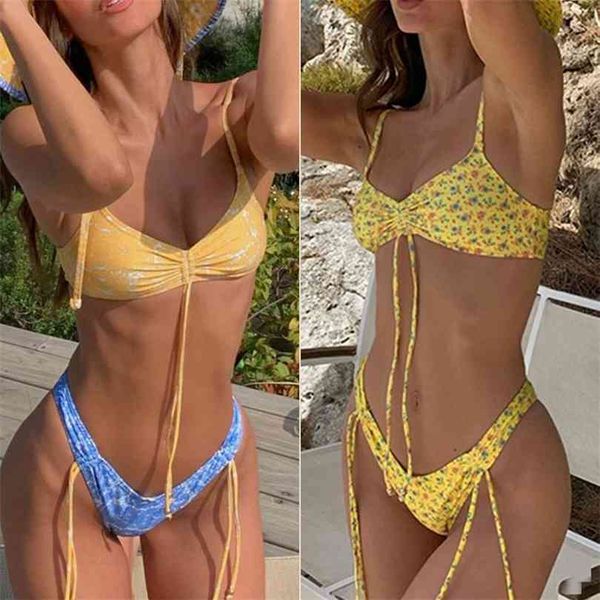 

bikinis micro thong bandage adjustable swimsuti swimwear women summer bikini set floral print biquini beach wear 210716, White;black