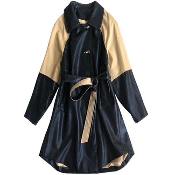 

women's leather & faux spring autumn pu coats trendy loose female long outerwear patchwork clothes large size lady overcoats with belt, Black