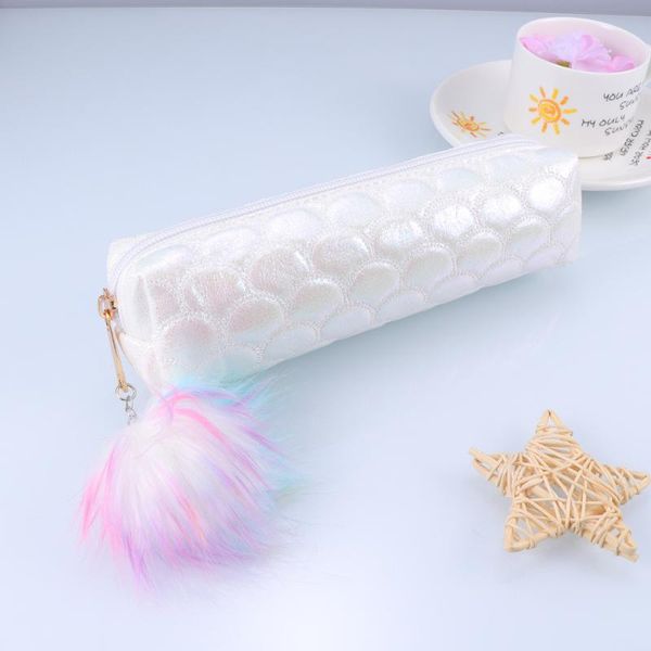 

pencil bags mermaid sequins bag colorful pompon stationery pouch creative pen box school supplies (white)