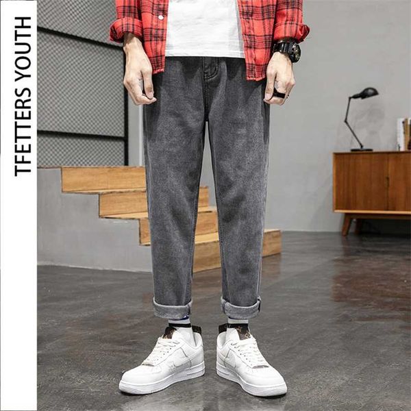 

tfetters jeans men korean street style falling wide leg loose mid straight pants trend mens brand 211108, Blue