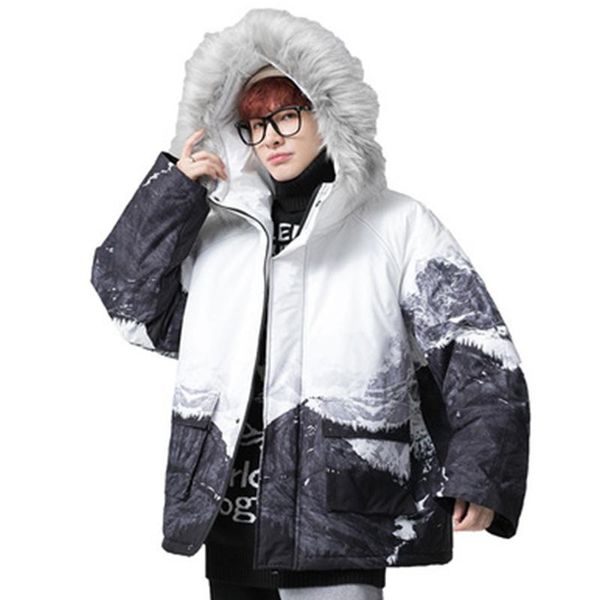 

men's down & parkas warm thick men parka jackets fashion print winter fur hood coat puffer male snow mountain plus size 5xl 4xl, Black