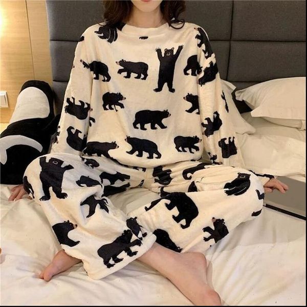 

winter flannel warm pajamas korean womens sleepwears kawaii cartoon pajama set fashion pijama mujer leisure home cloth pyjama women sleepwea, Black;red