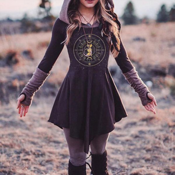 

hooded gothic hoodie moon printed women dress goth fashion casual hoody spring summer short dresses long sleeve, Black;gray
