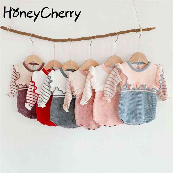 

autumn girl baby bodysuits lace stitching striped wool suit bodysuits crawling clothes 210701, Blue