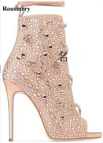 

boots blingbling open toe lace-up rhinestone short gladiator stiletto thin high heels cut-out sandal1, Black