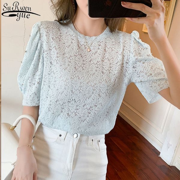 

korean clothing bubble sleeves lace shirt short-sleeved bottom blouse women summer hollow out beading female 13830 210427, White