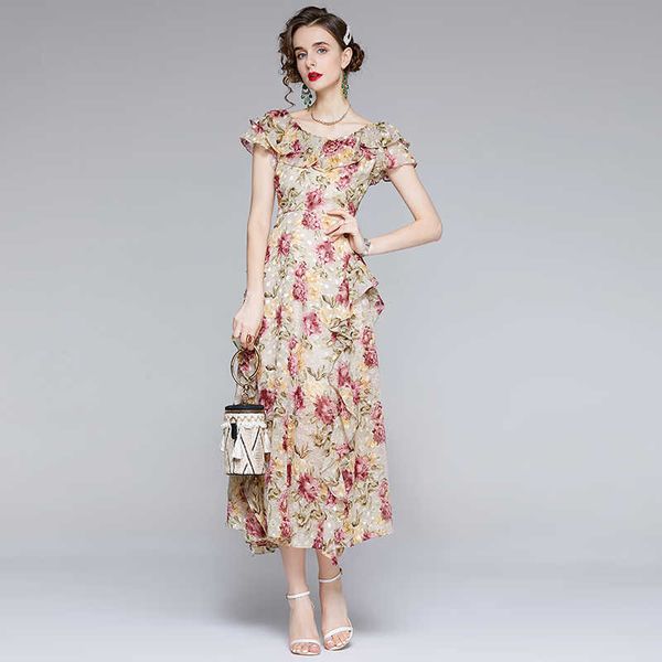 Frauen Sommer Designer Elegante Helle Seide Perle Chiffon Maxi Kleid Femme Vintage Rüschen Drucken Floral Party Kleid Vestidos 210525