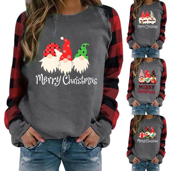 

women's hoodies & sweatshirts feitong women o-neck t-shirts christmas plaid long sleeve gnome print casual outdoor t-shirt oversize shi, Black