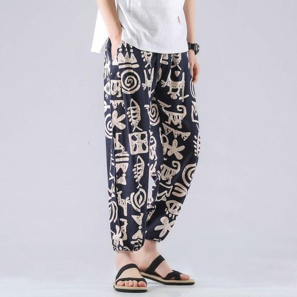 

mens joggers male trousers summer leisure linen cotton elastic waist men pants regular straight bottom flax casual men's, Black