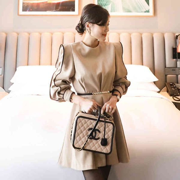 

dresses o-neck ruffles women office ladies long sleeve slim waist belted female dress elegant a-line short vestidos zvds, Black;gray