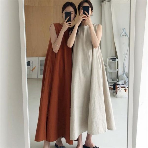 

[ewq] summer chic loose swing women dress sleeveless mid length cotton linen long high waist runway, Black;gray