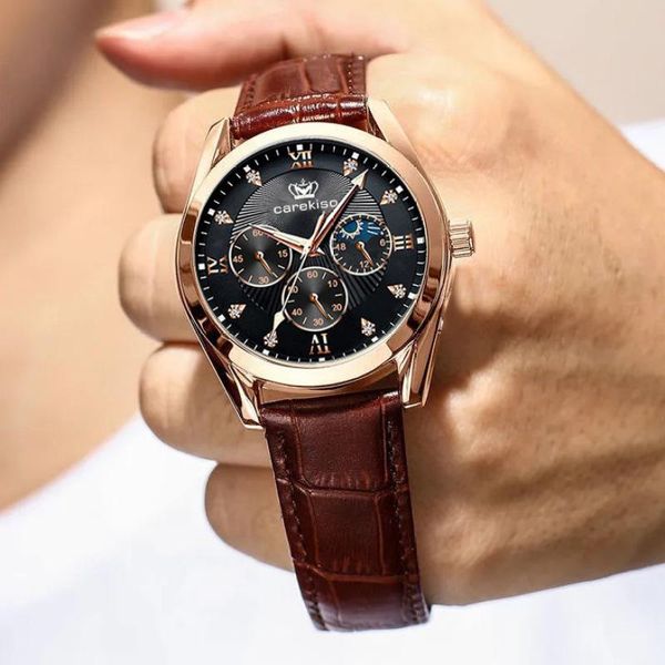 

wristwatches casual sport watches for men rose gold military leather wrist watch man clock fashion chronograph wristwatch, Slivery;brown