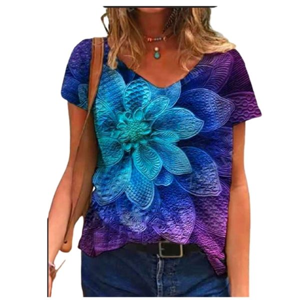 

oversized ladies 3d leaves printed summer t-shirt casual v-neck short sleeve loose tees female multicolor pullover 210522, White