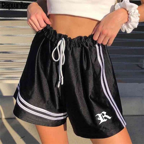 

rapwriter drawstring letter striped shorts women streetwear bodycon high waist shorts summer skinny black shorts feminino 210324, White;black