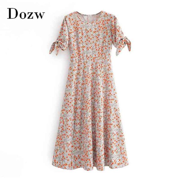 Mulheres Vintage O Neck Midi Vestido Verão Floral Impressão Boho Split Laço Laço De Manga Curta Praia Casual Essdress 210515