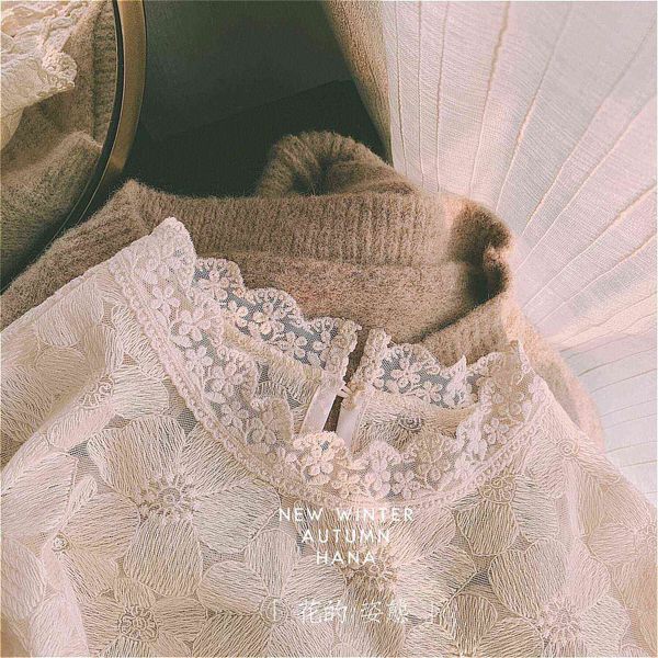 

two piece dress lace bottoming shirt women's western autumn and winter korean blouse with half-collar hollow princess style ciyf, White