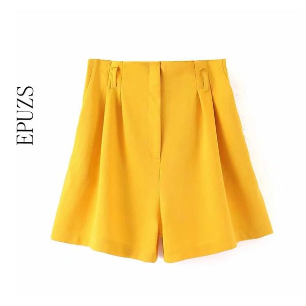 

women's shorts summer yellow mini women elastic high waist feminino pockets ladies pantalones cortos 2021, White;black