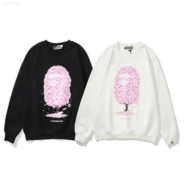 

jerseys hoodies chaopai ape man pink flower tree men's and women's same round neck pullover with plush sweater, Black
