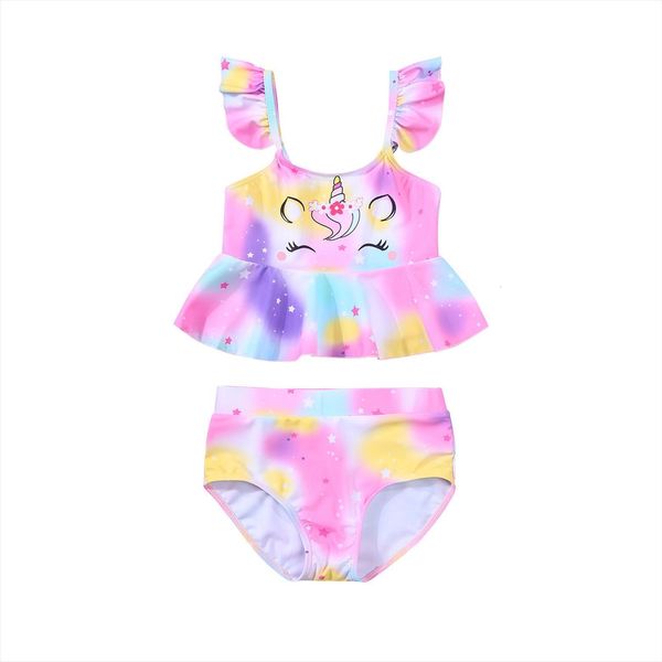 

summer kids girls two piece swimsuit unicorn pattern ruffle hem fly sleeve swimming shorts clothes set, White