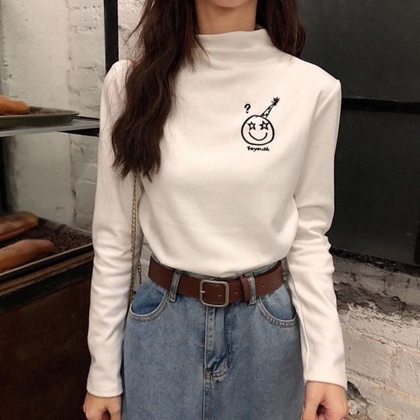 

womens half high collar t-shirt long sleeve t shirts for female woman clothing cartoon print t-shirts women's, White
