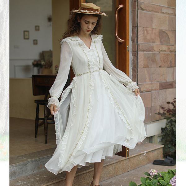 

casual dresses women spring summer vintage mori girls elegant slim long cottogecore flower embroidery ruffled chiffon lxyk, Black;gray