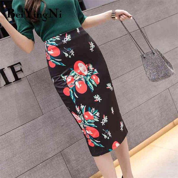 

vintage skirts women flora printed abstract aesthetic casual high waist knee-length office ladies pencil skirt 210506, Black