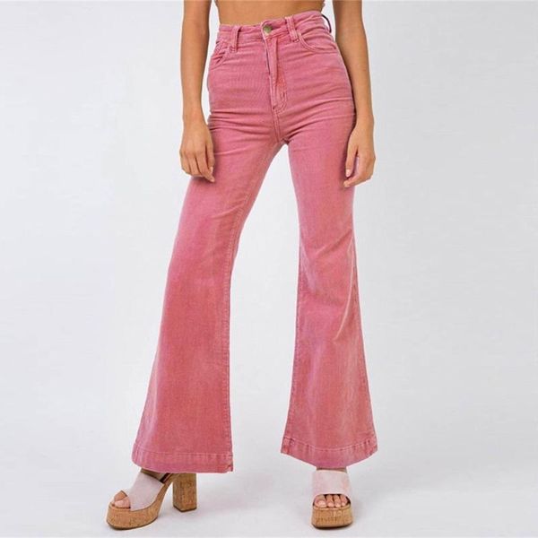 

women's pants & capris woman 2021 fashion women casual solid pink corduroy flare simplicity slim fit body high waist wide leg, Black;white