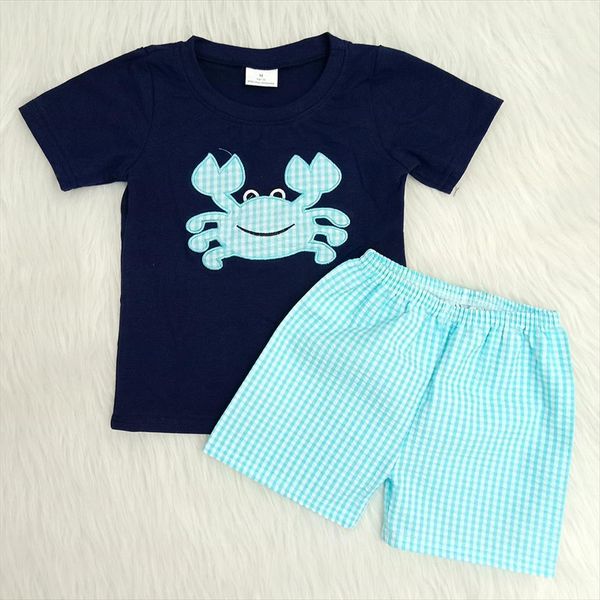 

blue crab pattern boys embroidery summer outfit boy raglan shirt match seersucker shorts 2 pieces set kids clothing, White