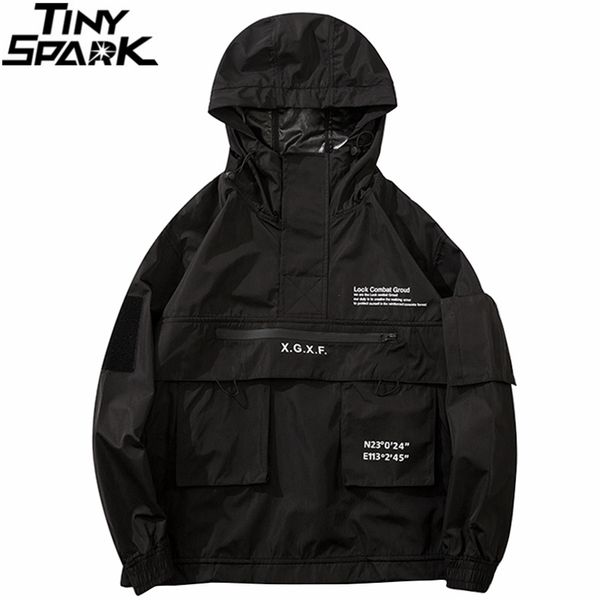 Мужчины хип-хоп уличная одежда куртка пальто черная ветровка грузовой куртку Пуловер Harajuku с капюшоном следа куртка тактическое снаряжение 210818