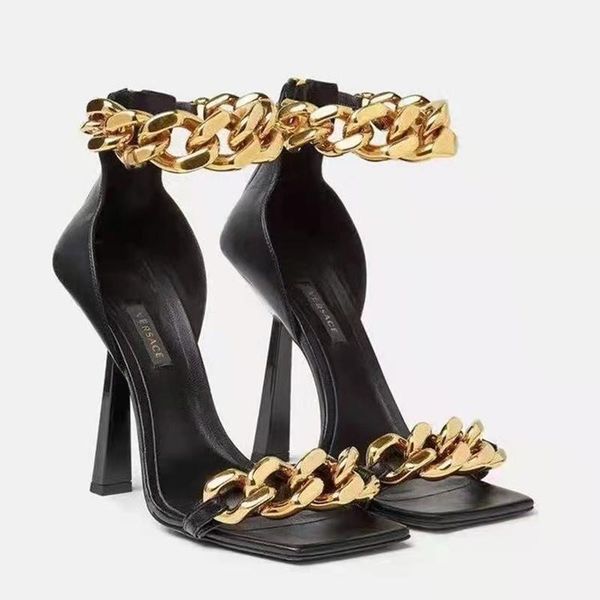 

sandals vmti 2021 summer metal chain word with high heels square toe fine heel women's zipper large size shoes, Black