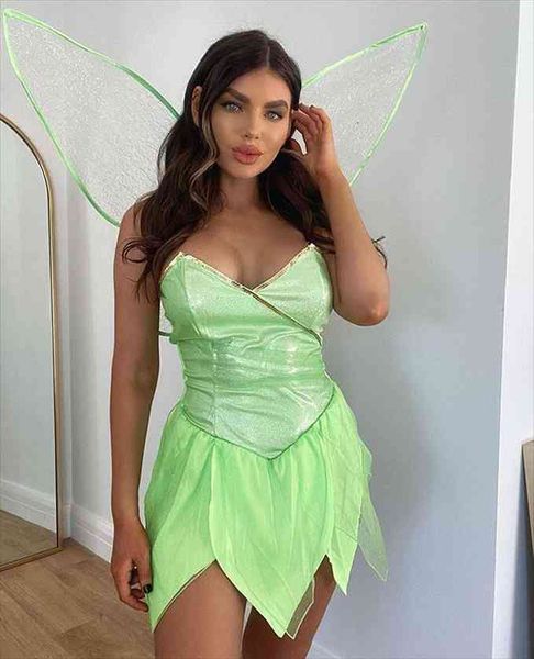 

dewadbow pretty pu fairy womens dress leaves costume green sequin short dresses with wings halloween cosplay costome, Black;gray